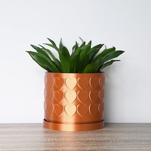 Heart Planter with Drainage & Saucer in Copper, Cute 3D-Printed Plant Pot, Small to Large Sizes: 4" 5" 6" 7" 8", Unique Gift Idea