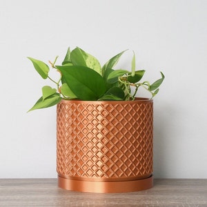May include: A copper-colored, cylindrical planter with a diamond pattern, holding a green leafy plant. The planter sits on a matching saucer. The plant has variegated leaves. The pot is on a wooden surface.