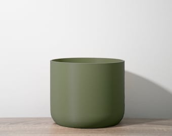 Maceta minimalista con drenaje y platillo en verde militar, maceta única y moderna impresa en 3D, tamaños: 4", 5", 6", 7" y 8" / Regalo para cualquier persona