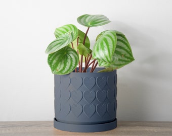 Vaso a forma di cuore con drenaggio e sottovaso in pietra blu, grazioso vaso per piante stampato in 3D, dimensioni da piccole a grandi: 4" 5" 6" 7" 8", idea regalo unica