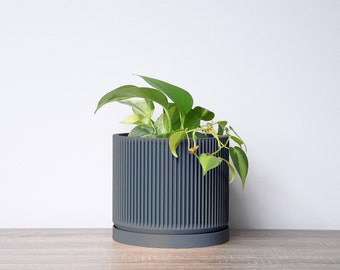 Mid-Century Modern Planter with Drainage & Saucer in Stone Blue, Unique 3D-Printed Plant Pot, Small to Large Sizes, Perfect Gift