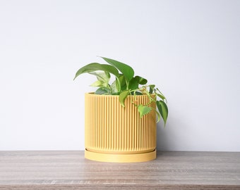 Maceta moderna de mediados de siglo con drenaje y platillo en amarillo, maceta única impresa en 3D, tamaños: 4", 5", 6", 7" y 8" / Regalo para amantes de las plantas