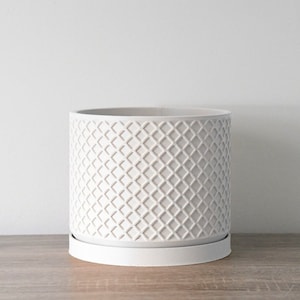 May include: White ceramic planter with a diamond pattern. The planter has a matching saucer.