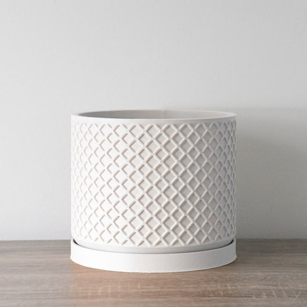 Jardinière avec système de drainage et soucoupe Carolina en blanc, cache-pot en treillis imprimé en 3D, petite à grande taille : 4 po 5 po 6 po 7 po 8 po