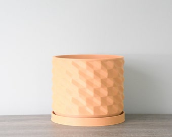 Macetero geométrico con drenaje y platillo en color sorbete de naranja, macetero exclusivo impreso en 3D, tamaños pequeños y grandes: 4", 5", 6", 7" y 8"