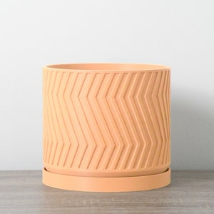 May include: A terracotta-colored planter with a chevron pattern. The planter has a matching saucer.