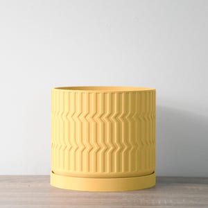 Mabel kruka med dränering och fat i gult, bohemisk 3D-printad växtkruka, liten till stor storlek: 10 cm, 12 cm, 15 cm, 18 cm, 20 cm