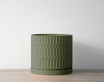 Mabel Planter with Drainage & Saucer in Army Green, Boho 3D-Printed Plant Pot, Sizes: 4" 5" 6" 7" 8"