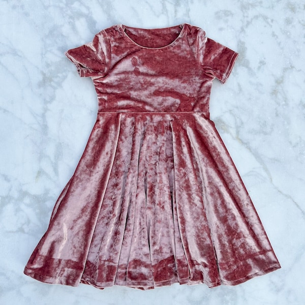 Girls Pink Crushed Velvet Twirly Circle Skirt Dress with Short Sleeves