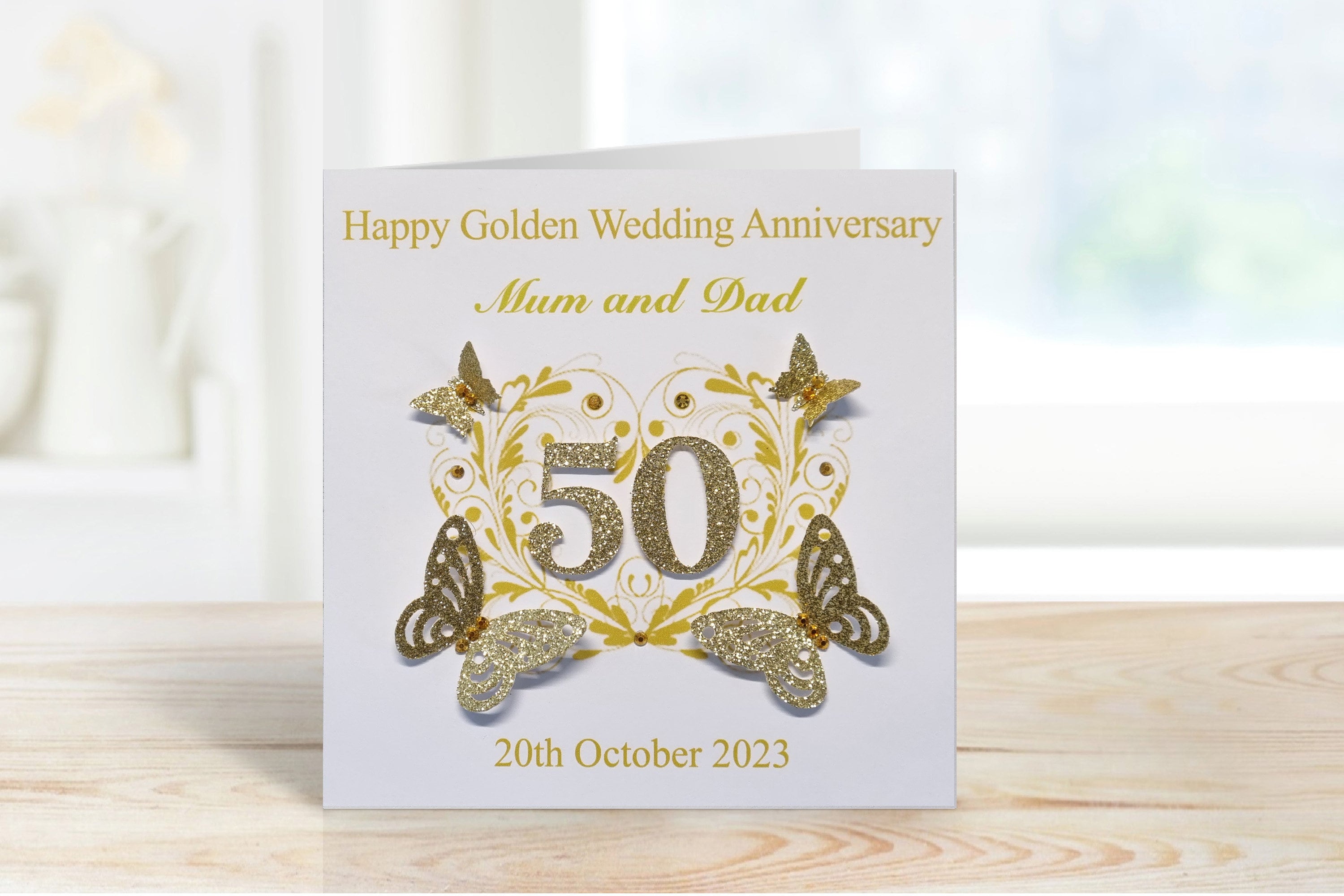 Personalized Golden 50th Anniversary Card: Handmade Glitter Butterfly  Design - Etsy, image size:3000x2000