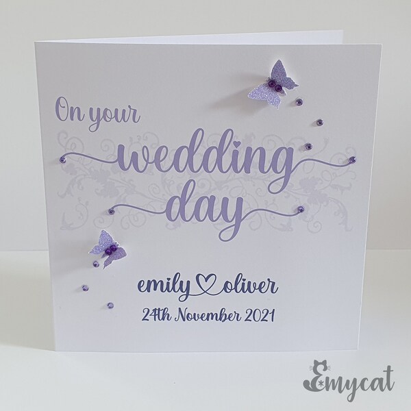 Personalised Handmade Wedding Day Card, Lilac Butterflies, Personalized Keepsake Card