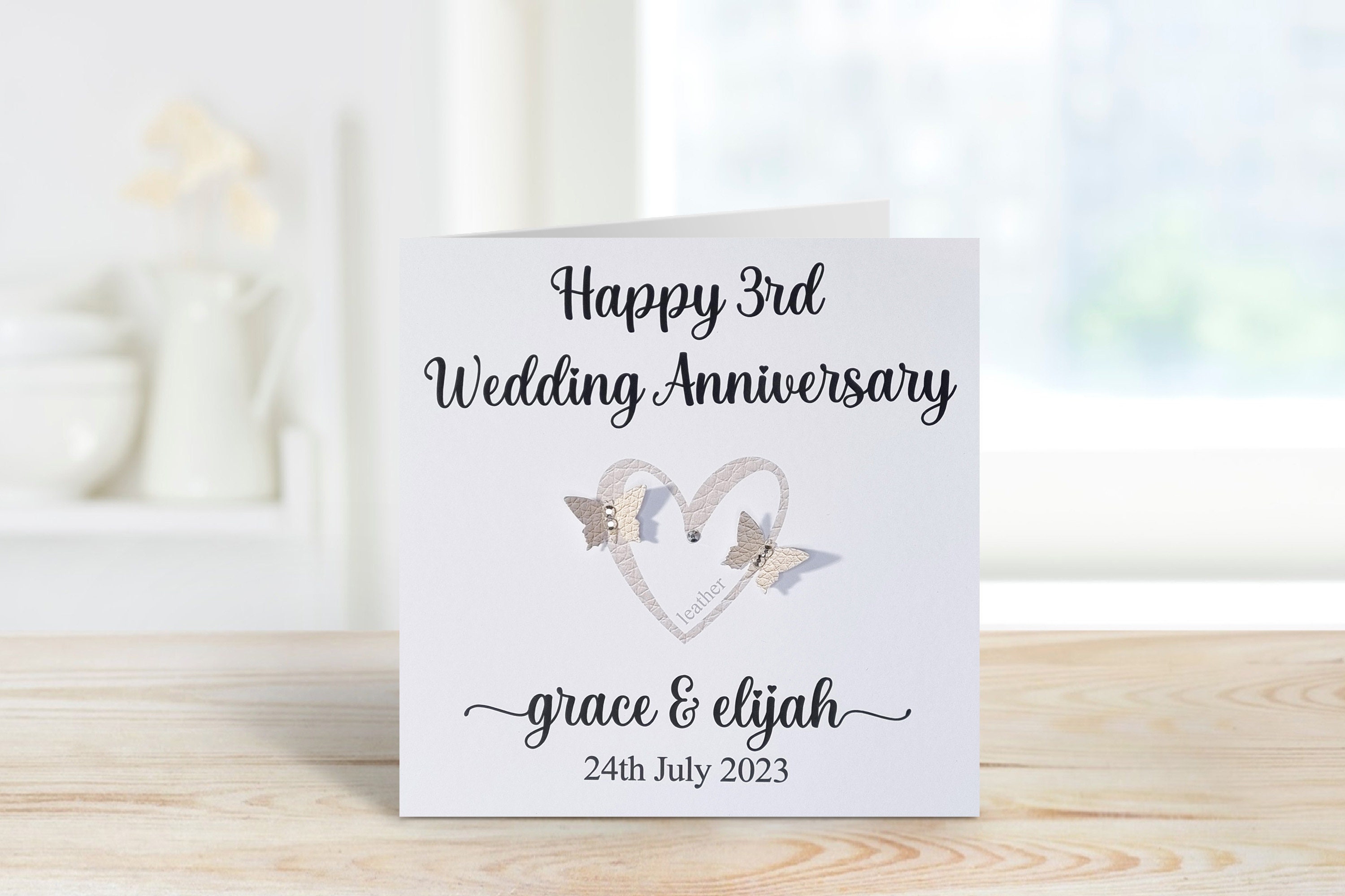 Personalized 3rd Anniversary Card: Handmade Leather Heart