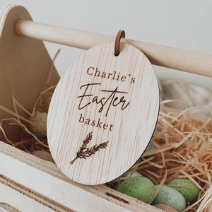 Natural plywood personalised easter basket name tag | child | baby | gift | keepsake | engraved | chocolate eggs | easter bunny