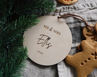 Mr & Mrs Christmas tree ornament | Plywood acrylic | engraved | festive | family | gift | decoration | married | keepsake