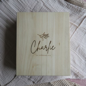 Natural wood large personalised latched keepsake box | engraved | baby | family | gift | baptism | godparents | newborn | child | proposal