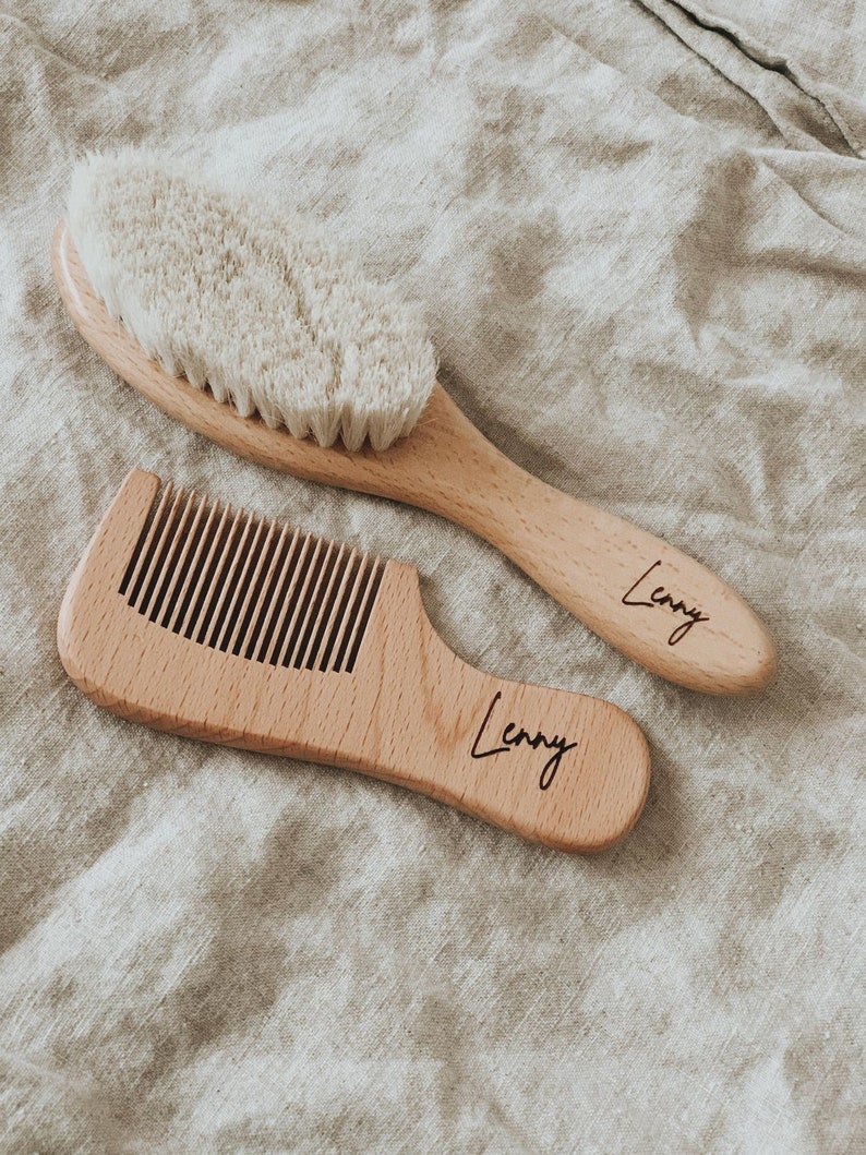 Natural wood personalised baby's first brush and comb set newborn engraved keepsake gift heirloom baby hair comb image 2