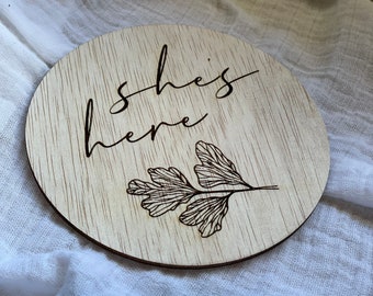 Natural plywood newborn baby announcement sign "She's here" "He's here"| engraved | nursery | family | baby | gift | photo prop