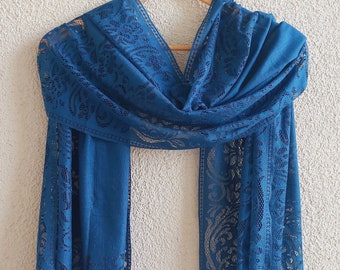 Blue Tulle Scarf, Wedding Shawl, Lace Scarf, Cowl, Bridesmaid gift Bridal Scarf, Lace Mantilla,Church Lace Chapel Veil Mantilla
