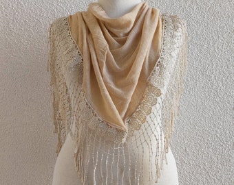 Light Beige Tricot Triangular Scarf,Necklace,Cowl,Wedding Scarf,Formal,Bridesmaid Gift,Gift For Her mom Women Fashion Accessories