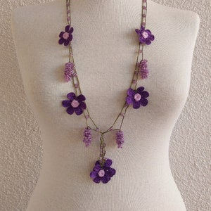 Crochet Oya Lace Purple Daisy Necklace with Purple Stones, Flower Necklace