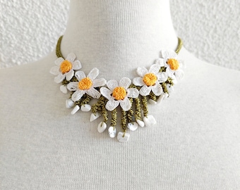 Collier dentelle OYA au crochet - collier - collier de perles - collier marguerite blanche avec pierres blanches, collier de fleurs