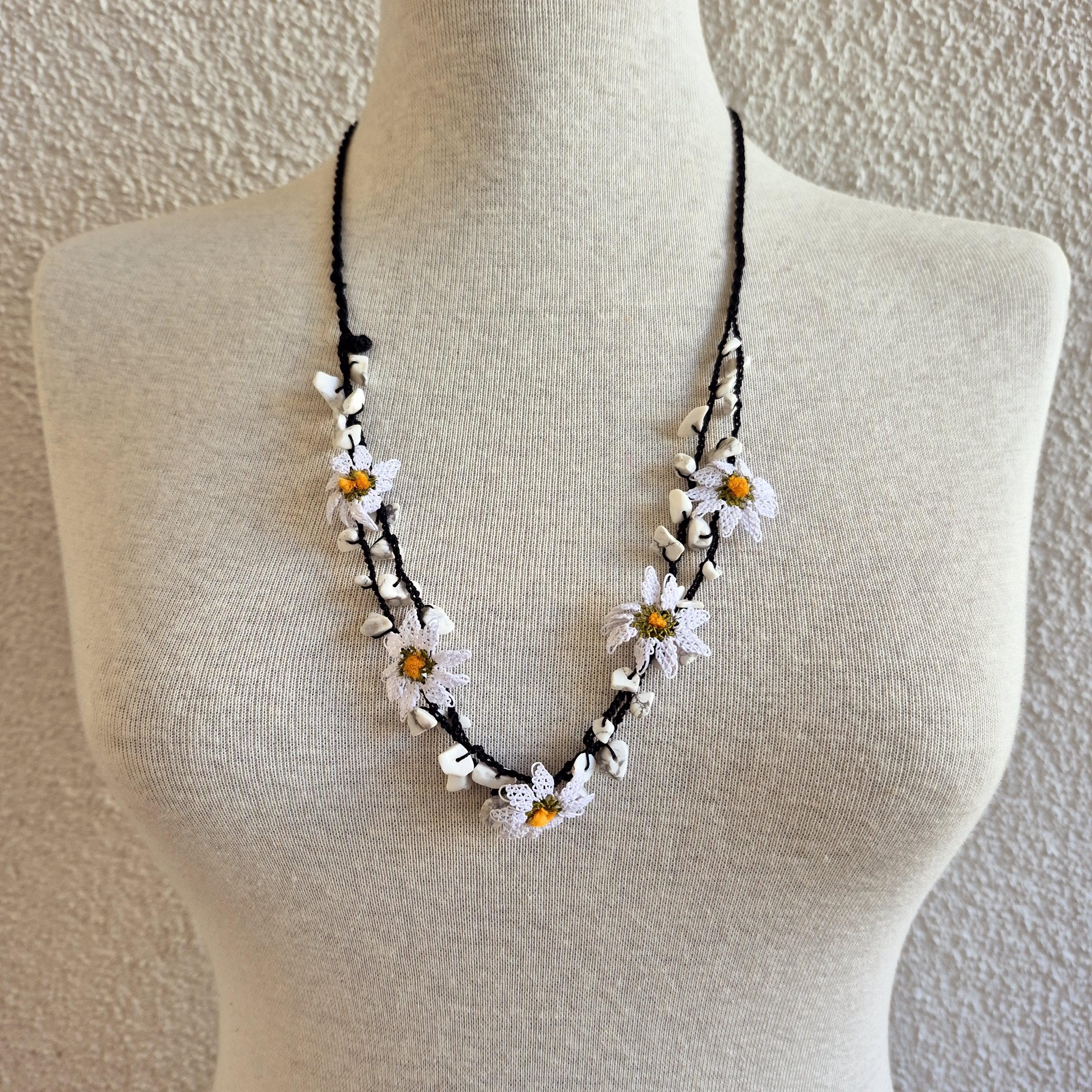 Turkish Needle Lace Oya Necklace, Needle Lace Bib Necklace, Adjustable Length Necklace, Flower Necklace, Beaded Necklace