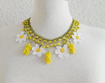 Turkish Crochet Oya Necklace, Crochet Bib Necklace, Crochet Necklace, Beaded Necklace, Flower Necklace, Gift Ideas for Women