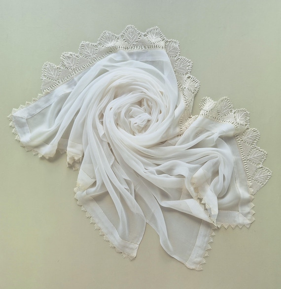 SILK OYA, Vintage Turkish Scarf with Needle Lace Oya - Traditional Turkish Lacework Oya Flower Scarf