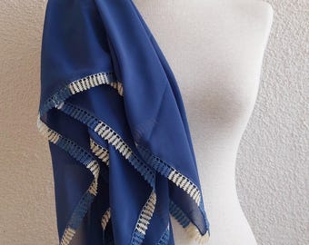 Blue Chiffon Scarf, Turkish Oya Scarf with Needle Lace, Traditional Turkish Scarf, Mothers Day Gift, Valentines Day Gift for Her