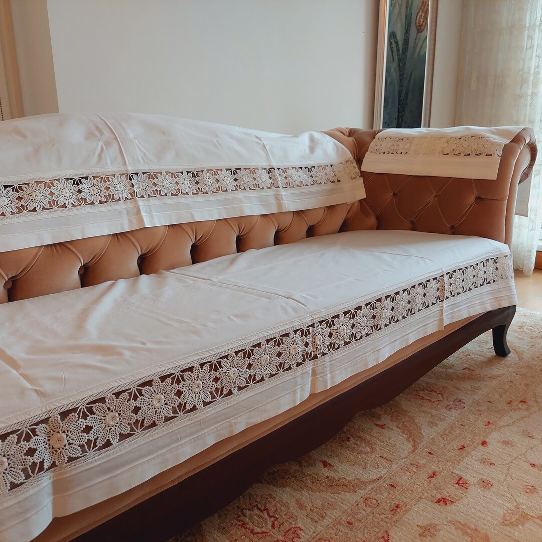 Vintage Sofa Cover Pillow Case Bed Skirt With Crochet Lace Trim 4 Pcs Wedding Gift Turkish