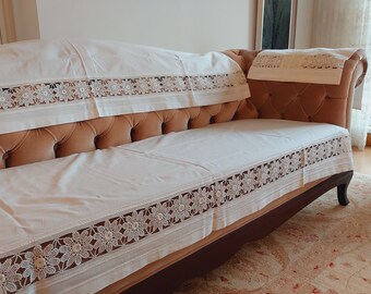 Vintage Sofa Cover Pillow Case Bed Skirt with Crochet Lace Trim 4 Pcs Wedding Gift Turkish Crochet Lace Trim