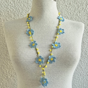 Turkish Crochet Oya Lace Blue Daisy Necklace with Yellow Stones, Flower Necklace, Valentines Day Gift for Her