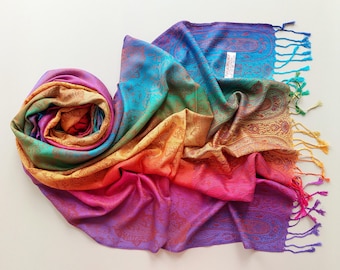 Silk Pashmina Shawl Scarf Rainbow Multi Colour Bright Colourful Pashmina Shawl Wrap, Floral Wedding Scarves, 70x180 cm