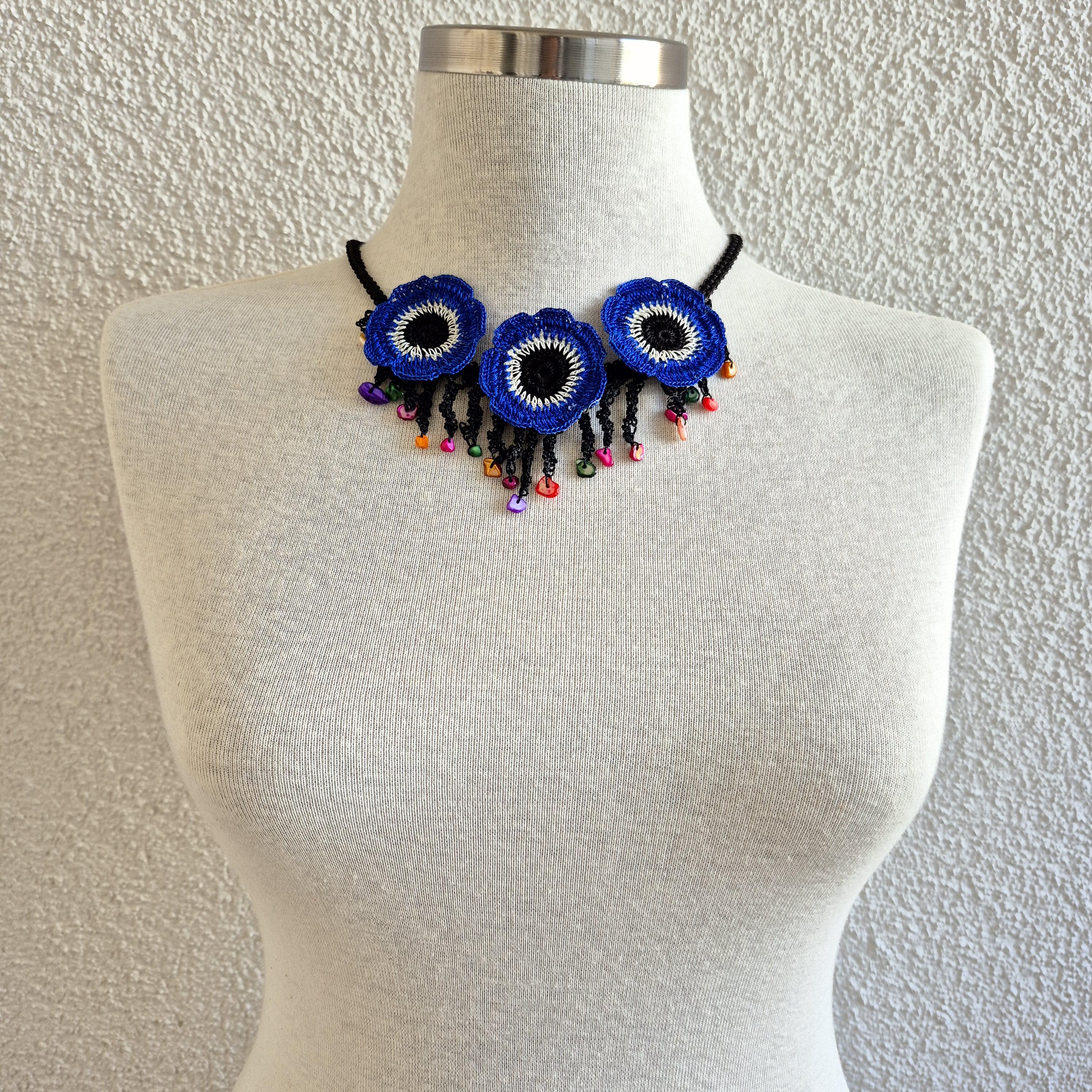 Poppy Necklace, Flower Necklace, Crochet Oya Necklace, Crochet Bib Necklace, Crochet Necklace