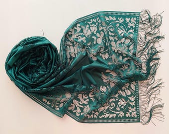 Green Tulle Scarf, Wedding Shawl, Lace Scarf, Cowl, Bridesmaid gift Bridal Scarf, Lace Mantilla,Church Lace Chapel Veil Mantilla