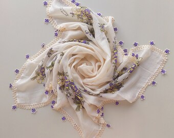 Vintage Flower Turkish Oya Scarf with Crochet Lace - Traditional Turkish Lacework Oya Scarf - Christmas Gifts Idea for Women