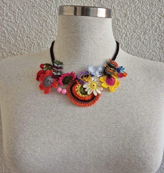 Crochet OYA Lace Necklace Collar Necklace Beaded Necklace