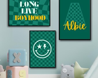 Personalized Boyhood Prints Set: Green Checkered Kids Room Decor