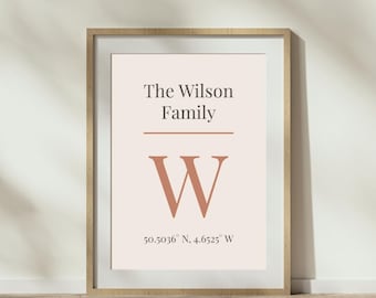 Impresión personalizada de apellidos: arte mural con coordenadas personalizadas, regalo moderno para el hogar