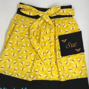 Cute Waist Apron with Pocket for Women, Bee Fabric Apron, Personalized Waist Apron, Waist Apron for Women, Embroidered Pocket Apron