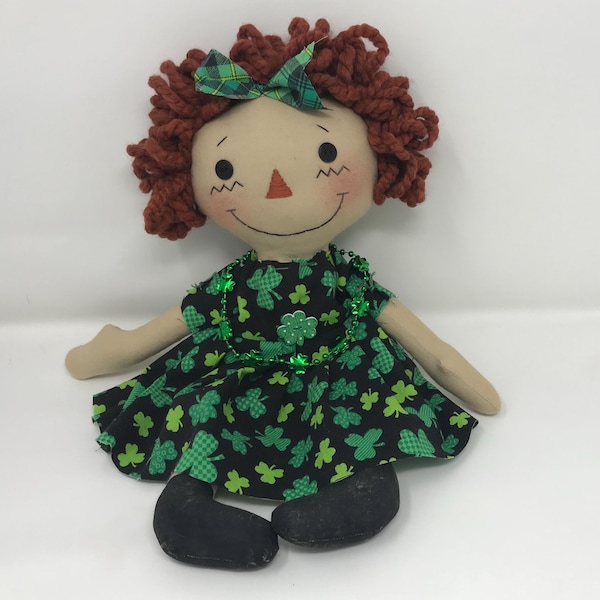 Raggedy Ann Doll, St. Patrick's Day rag doll, handmade Raggedy Ann Doll, Shamrock Dress, Hand sewn shamrock hairbow
