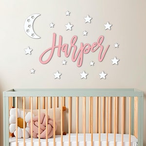 Letrero de madera con nombre en forma de luna y estrellas, decoración de pared para guardería, letrero de madera para niños, letrero con nombre para niños, letrero personalizado con nombre de bebé para guardería