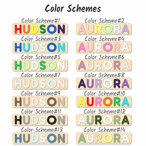 May include: A chart titled Color Schemes displaying fourteen wooden name puzzle examples. Each row features the name HUDSON or AURORA in various multi-coloured letter combinations, showcasing different colour palettes for custom wooden name puzzles.