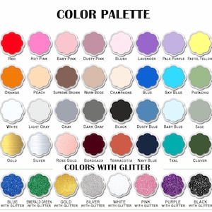May include: Colour palette chart with 30 different colour swatches. The colours are arranged in rows and labelled with their names. The bottom row features colours with glitter.
