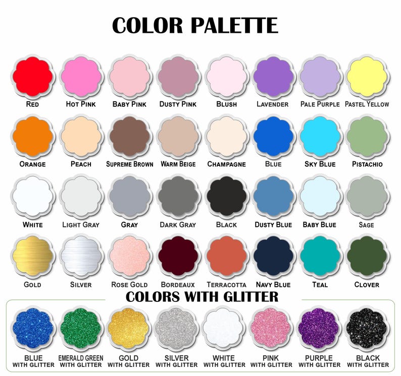 May include: Colour palette chart with 30 different colour swatches. The colours are arranged in rows and labelled with their names. The bottom row features colours with glitter.