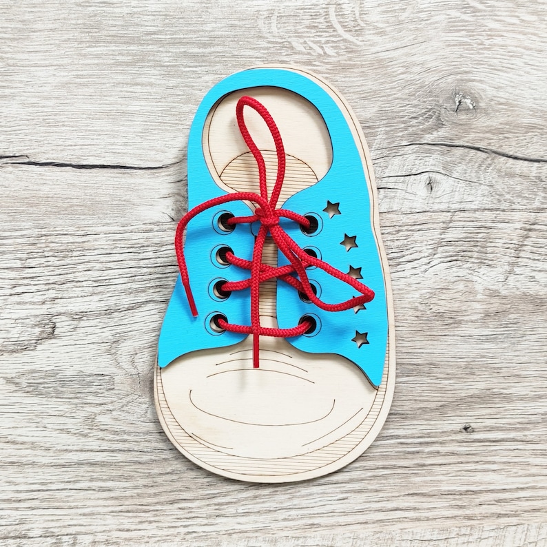 Image showcasing Lacing Toy Shoe Practice for Kids Wooden Threading Activity - Etsy