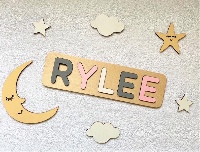 Wooden Name Puzzle, Gift, Baby Name Puzzle, Nursery Decor, Pastel Name Puzzle image 1