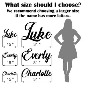 May include: A guide to choosing the right size for a personalised name sign. The image shows three names, Luke, Everly, and Charlotte, in two sizes, 15 inches and 31 inches. The text recommends choosing a larger size for names with more letters.