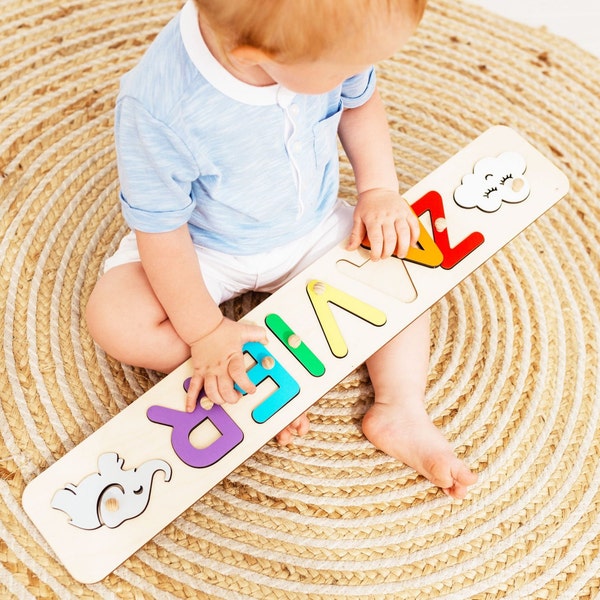 Casse-tête prénom en bois avec chevilles, cadeau personnalisé 1er anniversaire de bébé garçon pour bébé, fils, jouets Montessori pour tout-petit