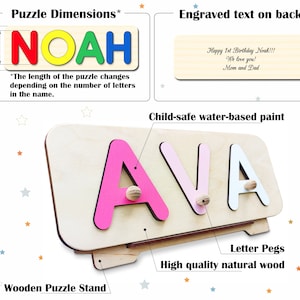 May include: A personalized wooden puzzle with a stand, featuring the name "AVA" in pink, light pink, and white letters. The puzzle pieces are held in place by wooden pegs. The back of the puzzle has an engraved message: "Happy 1st Birthday Noah!!! We love you! Mom and Dad".